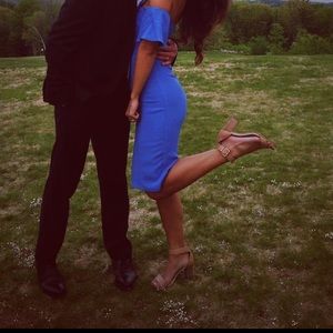 Bright blue reformation off the shoulder midi